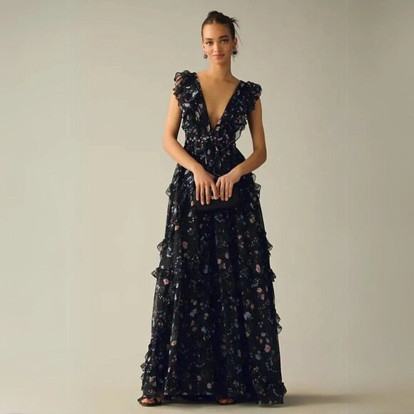 Mac Duggal Women's Black Floral Ruffled Chiffon Leena Maxi Dress Size 8 2808 - Picture 2 of 16